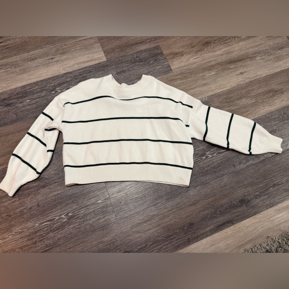 Hollister White and Green Striped Knit Sweater